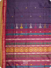 Body and palla of deep purple Konark saree with lotus flowers handwoven across palla