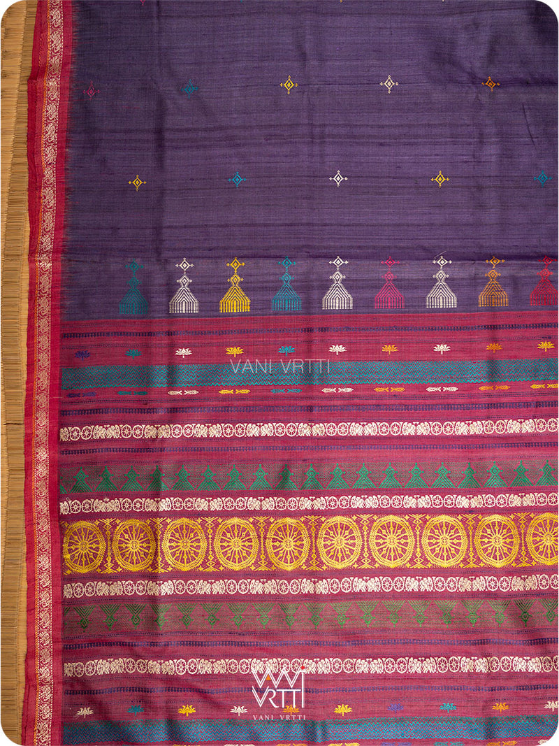 Body and palla of deep purple Konark saree with lotus flowers handwoven across palla