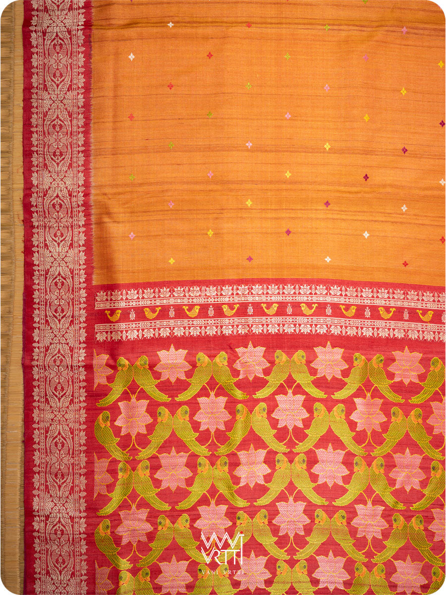 Orange Red Pink Lotus Parrot Jaal Designer Exclusive Handspun Handwoven Tussar Silk Saree