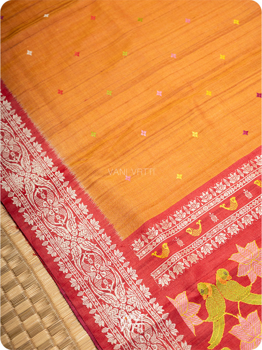Orange Red Pink Lotus Parrot Jaal Designer Exclusive Handspun Handwoven Tussar Silk Saree