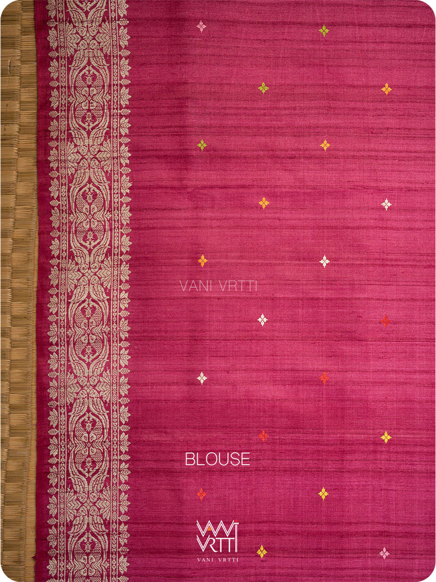 Orange Red Pink Lotus Parrot Jaal Designer Exclusive Handspun Handwoven Tussar Silk Saree