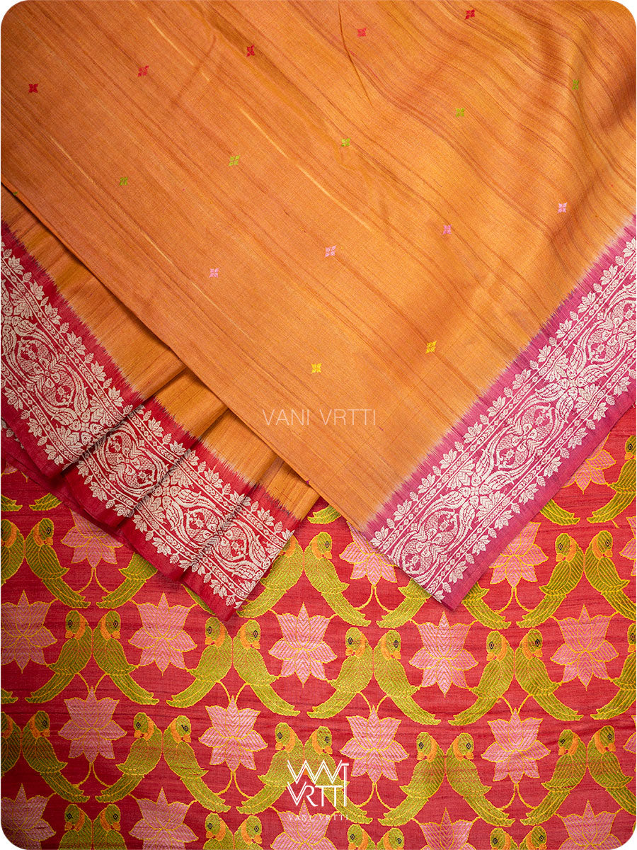 Orange Red Pink Lotus Parrot Jaal Designer Exclusive Handspun Handwoven Tussar Silk Saree