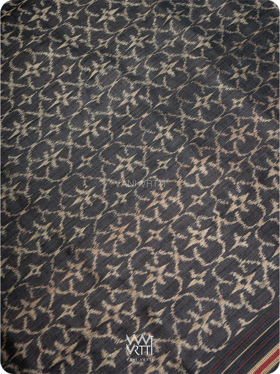 Black Red Chrysanthemum Master Weave Designer Handspun Ikat Tussar Silk Sari