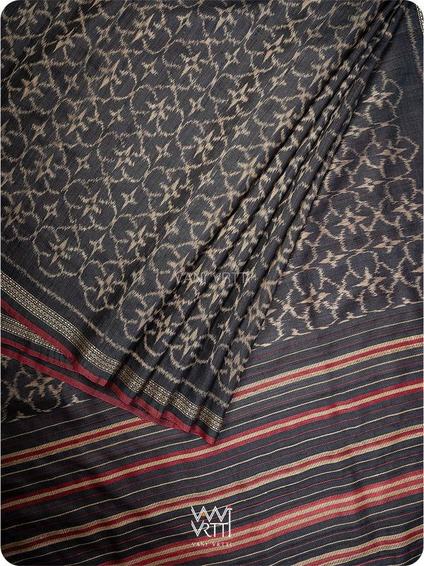 Black Red Chrysanthemum Master Weave Designer Handspun Ikat Tussar Silk Sari