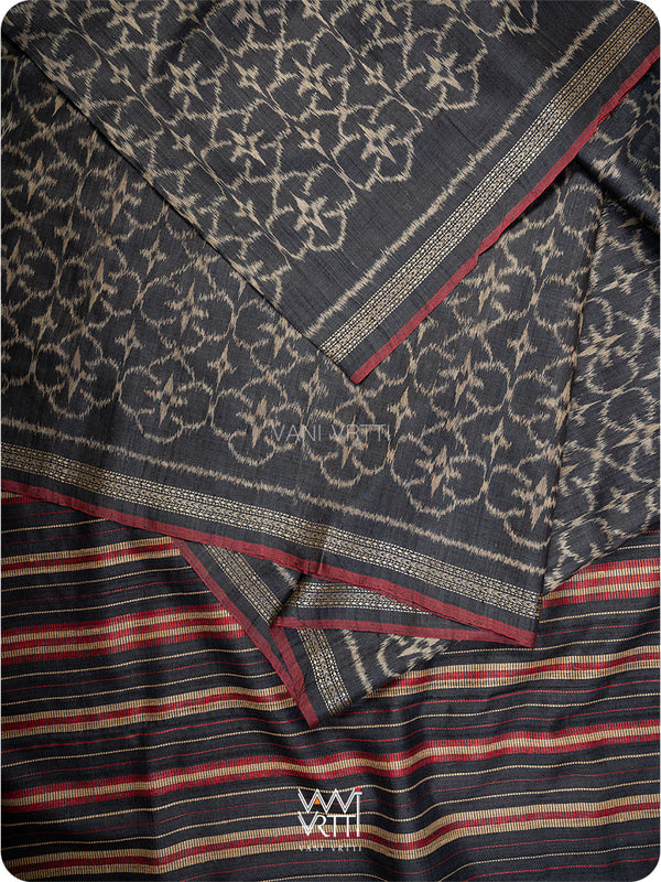 Black Red Chrysanthemum Master Weave Designer Handspun Ikat Tussar Silk Sari