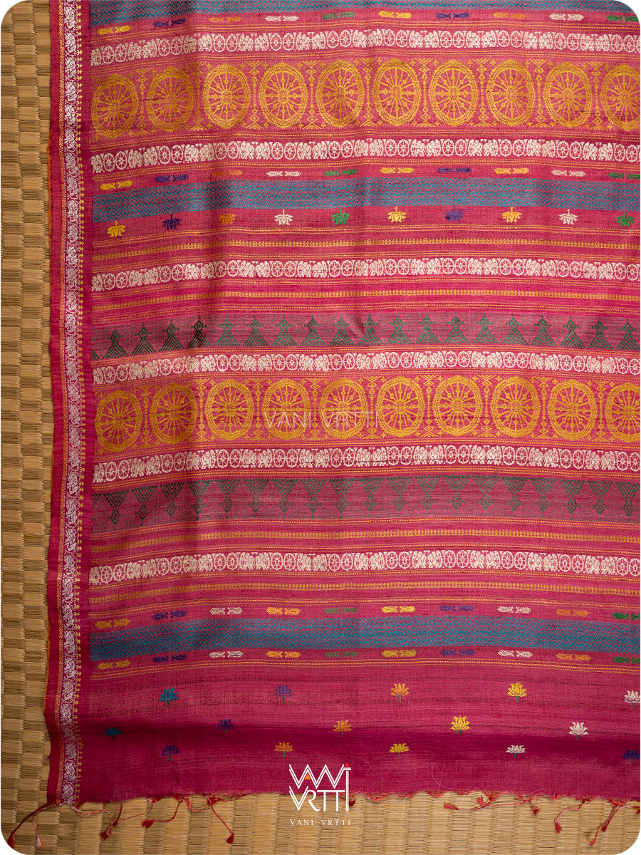 Natural Tussar Pink Orange Airavata Konark Double Palla Handspun Tussar Silk Saree
