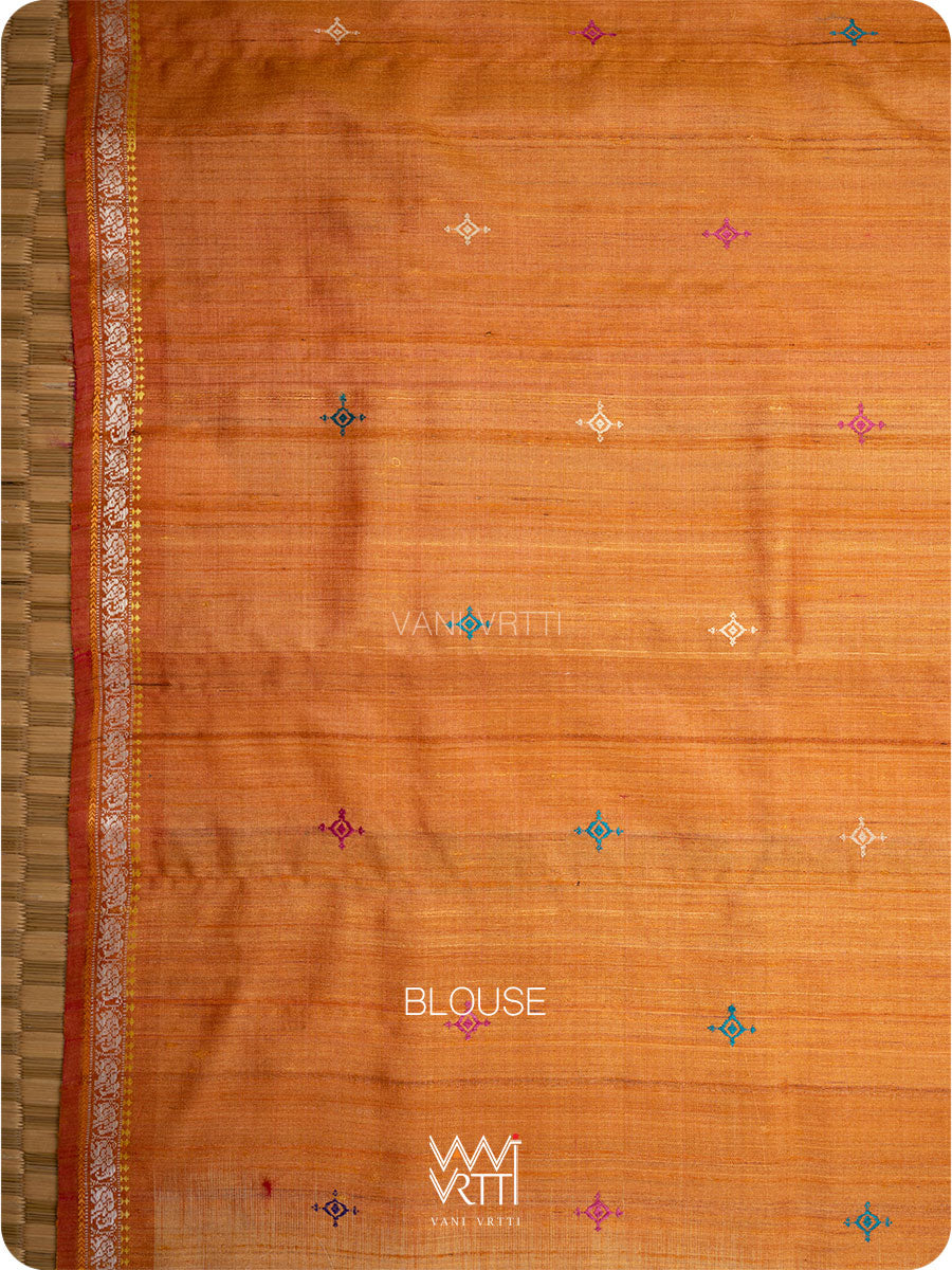 Natural Tussar Pink Orange Airavata Konark Double Palla Handspun Tussar Silk Saree