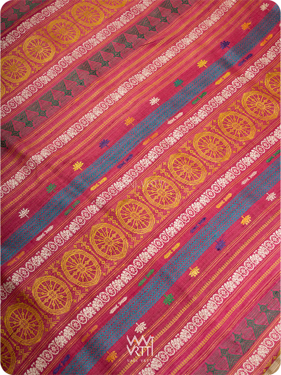 Natural Tussar Pink Orange Airavata Konark Double Palla Handspun Tussar Silk Saree