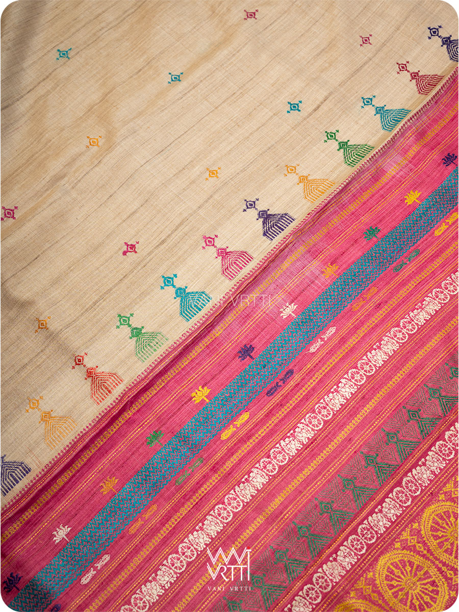 Natural Tussar Pink Orange Airavata Konark Double Palla Handspun Tussar Silk Saree