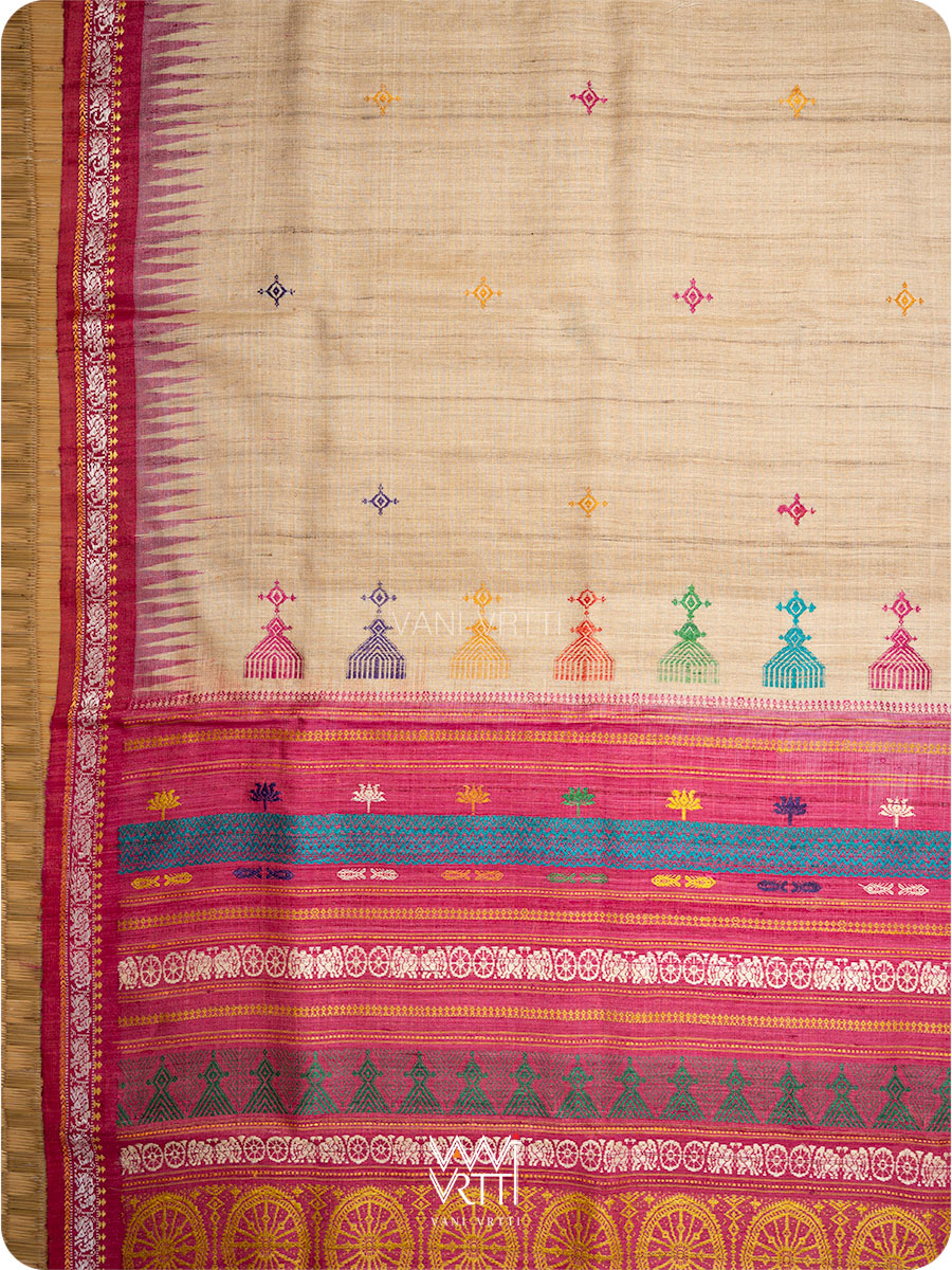 Handwoven motif detail on pink orange tussar silk Konark saree