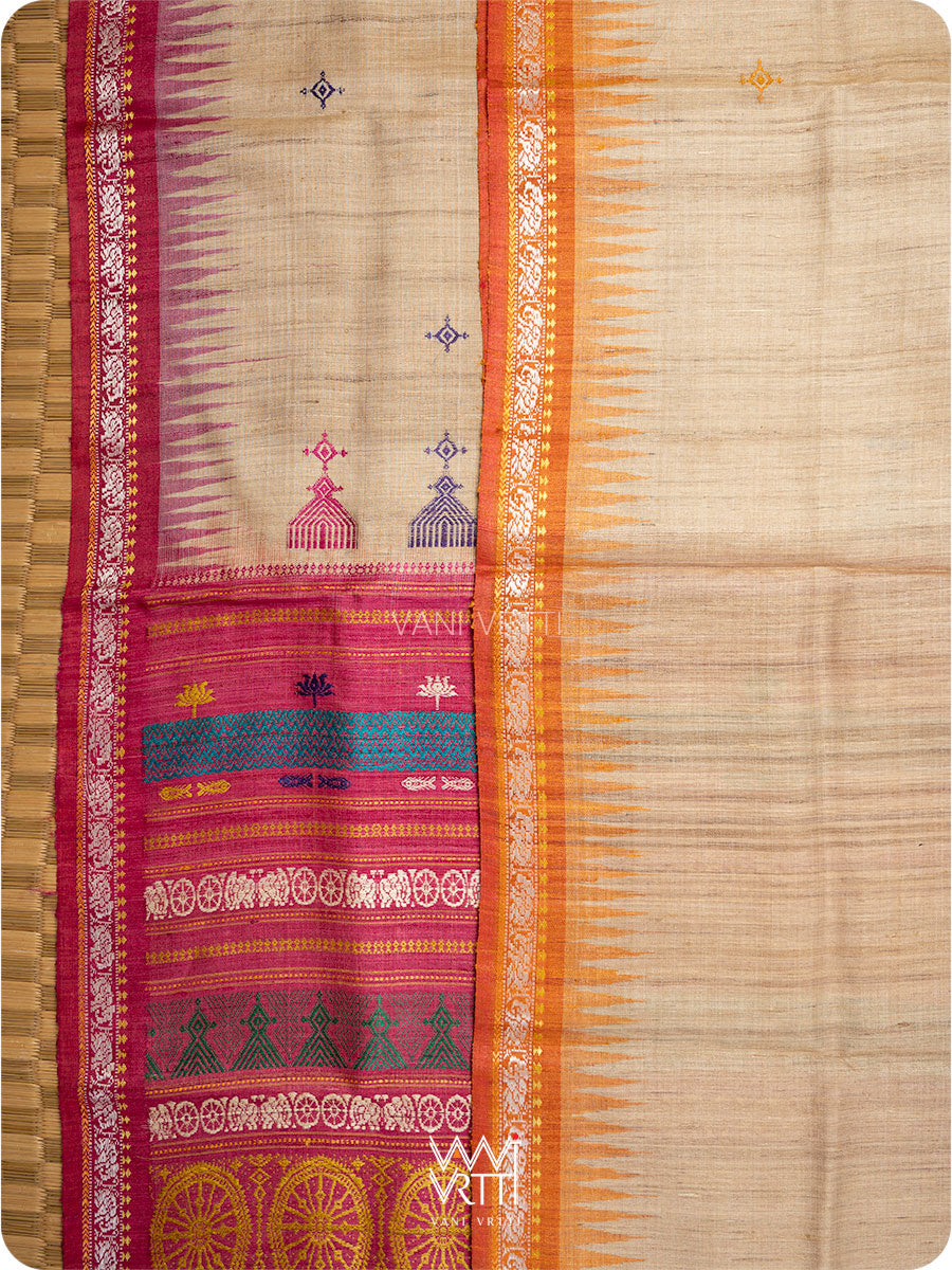 Natural Tussar Pink Orange Airavata Konark Double Palla Handspun Tussar Silk Saree