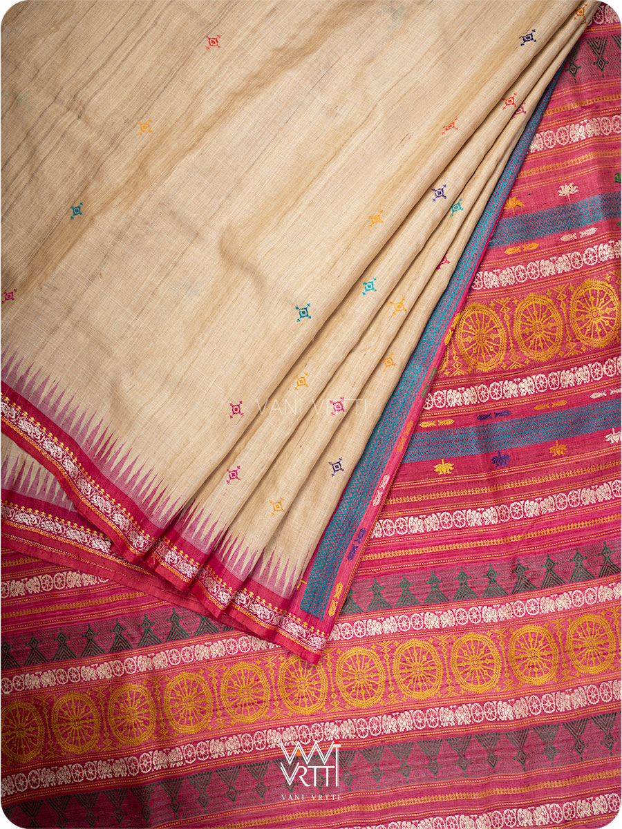 Natural Tussar Pink Orange Airavata Konark Double Palla Handspun Tussar Silk Saree