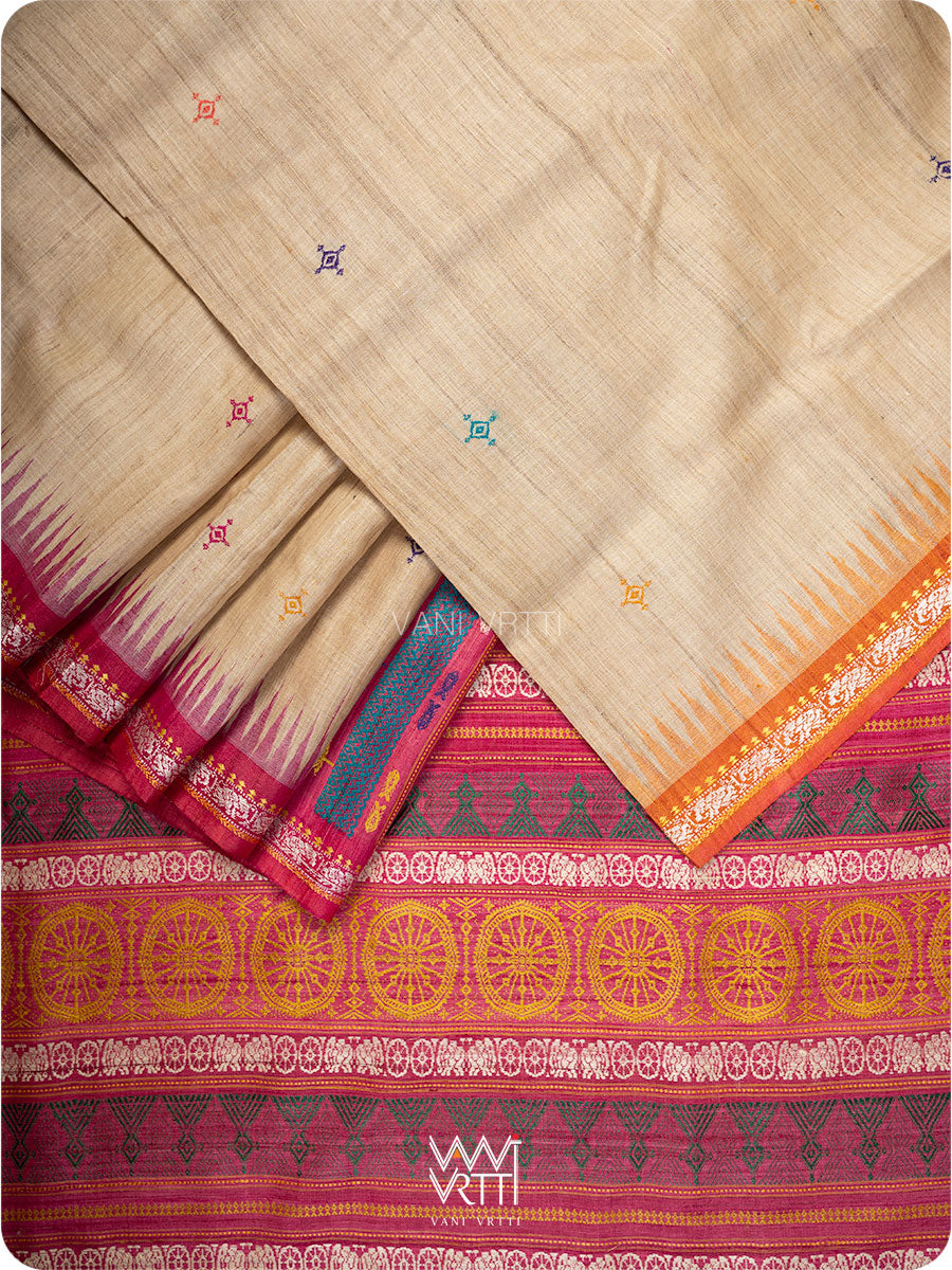 Folded pink orange handspun tussar silk saree with Konark motifs