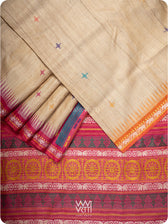 Folded pink orange handspun tussar silk saree with Konark motifs