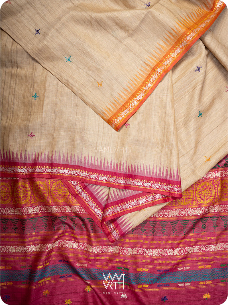 Ganga Jamuna borders in orange and pink on handspun tussar silk saree