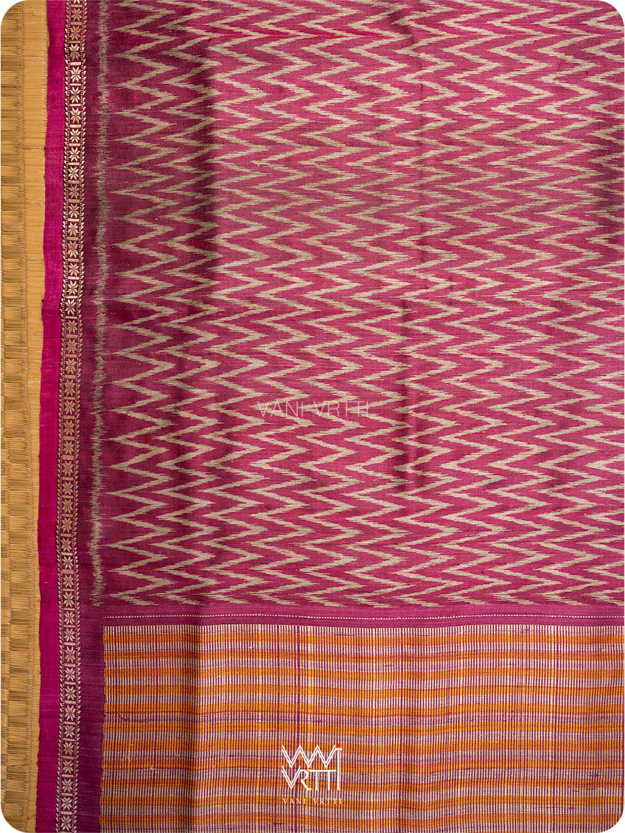 Burgundy Pink  Aziz ZigZag Ikat Handspun Tussar Silk Saree