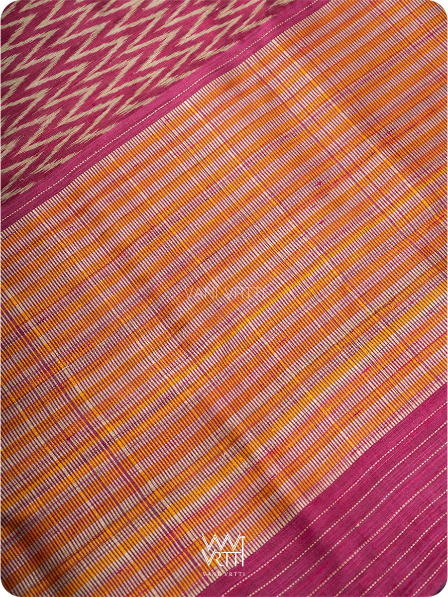 Burgundy Pink  Aziz ZigZag Ikat Handspun Tussar Silk Saree