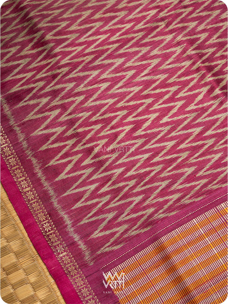 Burgundy Pink  Aziz ZigZag Ikat Handspun Tussar Silk Saree