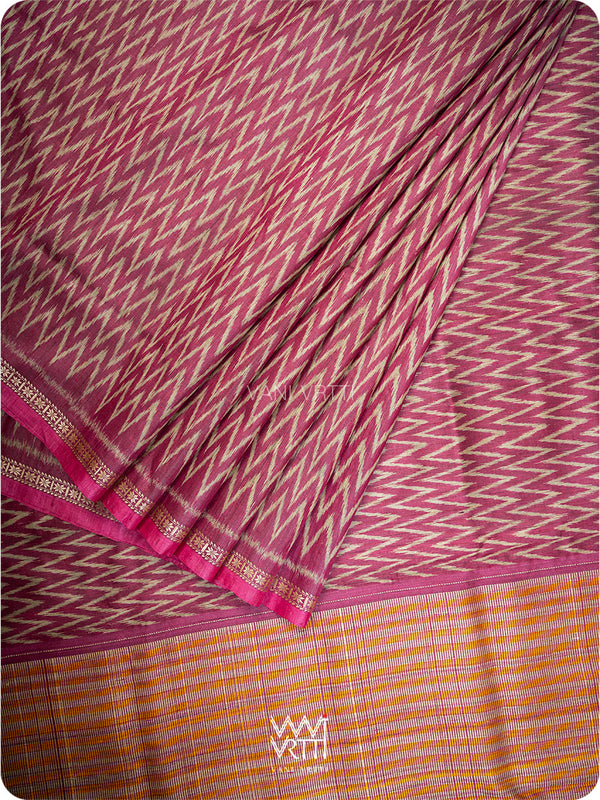 Burgundy Pink  Aziz ZigZag Ikat Handspun Tussar Silk Saree