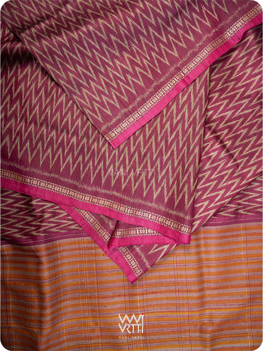 Burgundy Pink  Aziz ZigZag Ikat Handspun Tussar Silk Saree