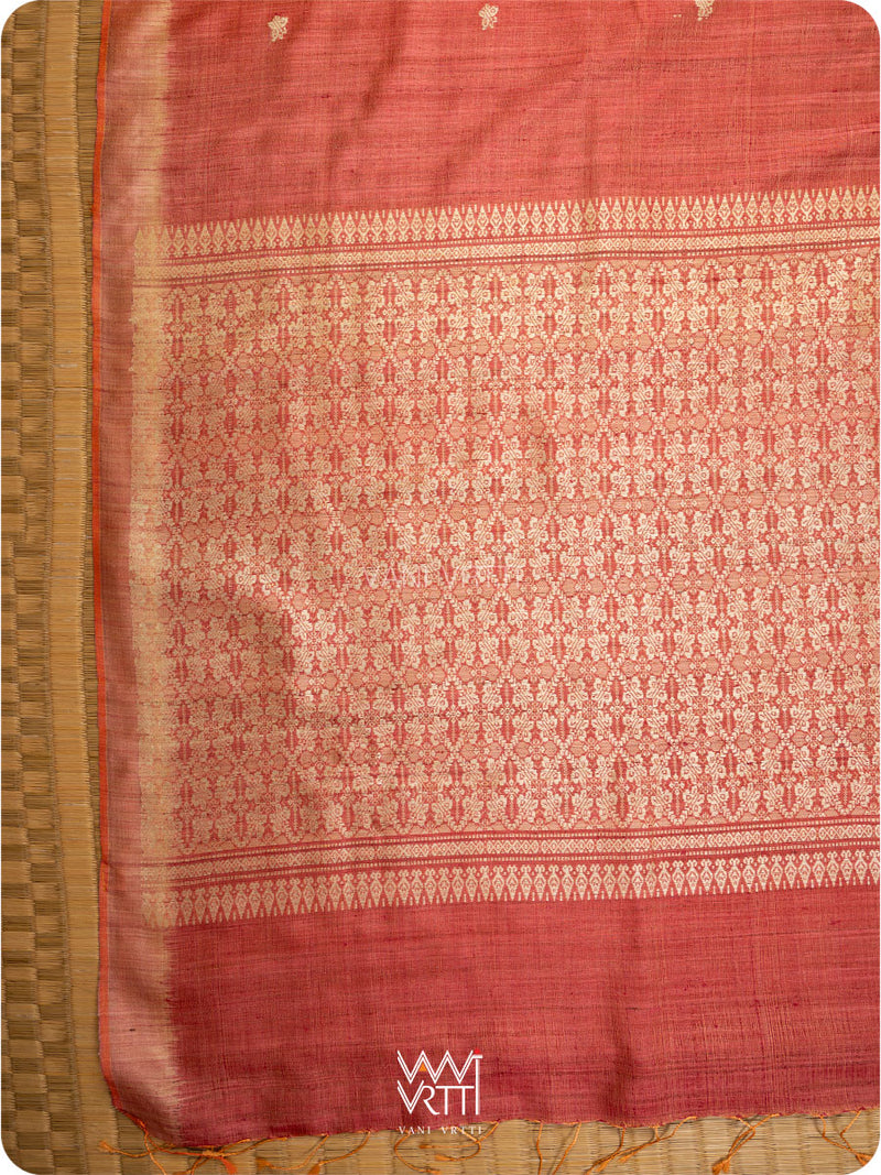Coral Red Nabh Butterfly Handspun Tussar Silk Saree