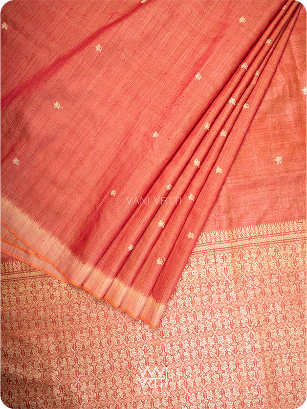 Coral Red Nabh Butterfly Handspun Tussar Silk Saree