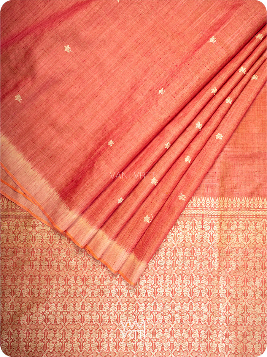Coral Red Nabh Butterfly Handspun Tussar Silk Saree