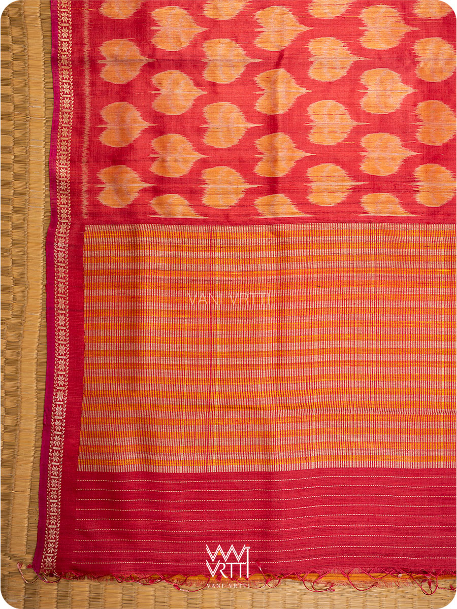 Red Peepal Ikat Handspun Tussar Silk Saree