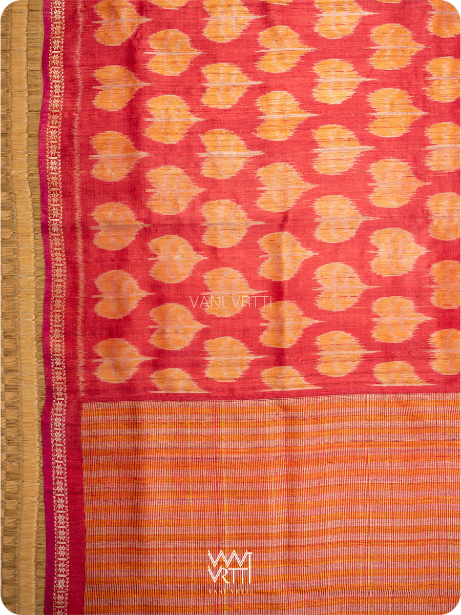 Red Peepal Ikat Handspun Tussar Silk Saree