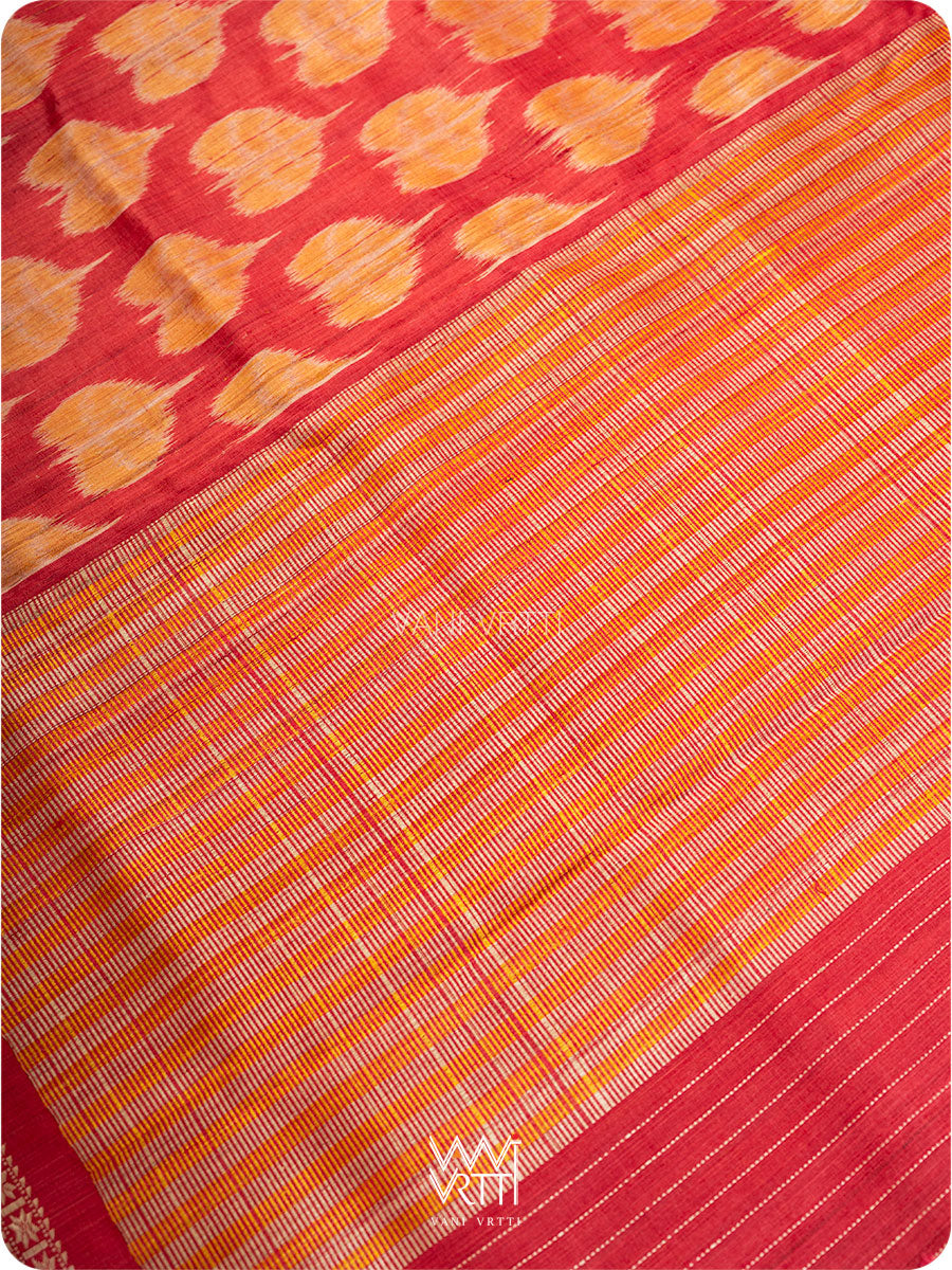 Red Peepal Ikat Handspun Tussar Silk Saree