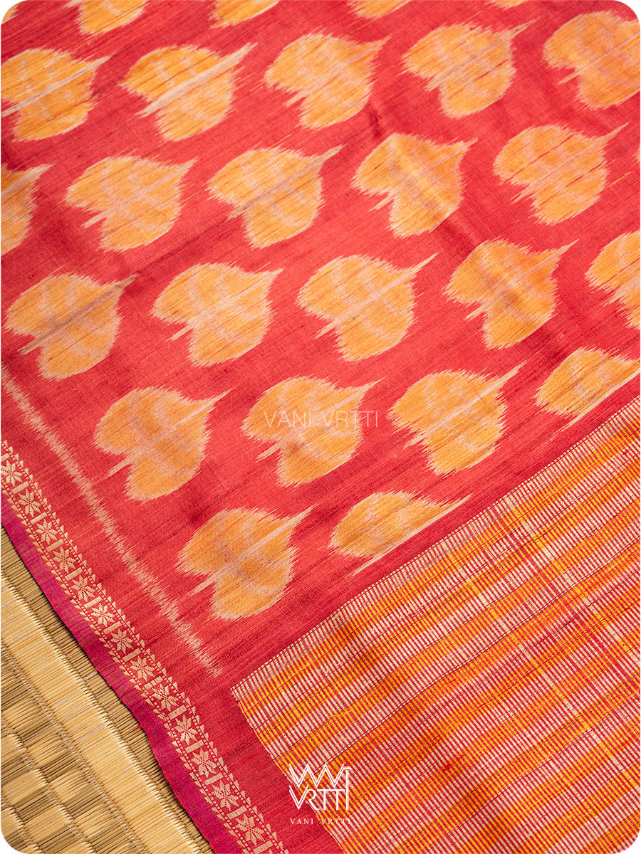 Red Peepal Ikat Handspun Tussar Silk Saree