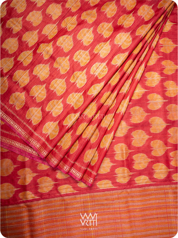 Red Peepal Ikat Handspun Tussar Silk Saree
