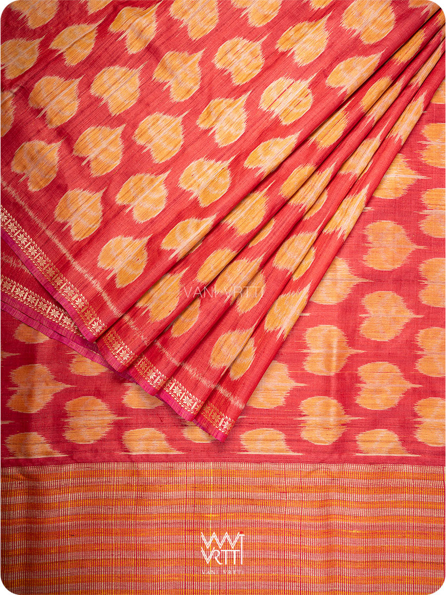 Red Peepal Ikat Handspun Tussar Silk Saree