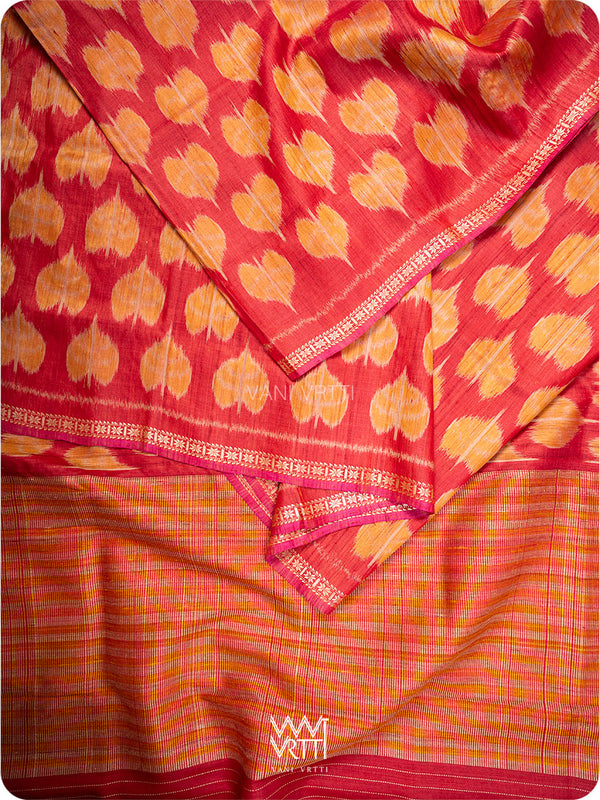 Red Peepal Ikat Handspun Tussar Silk Saree