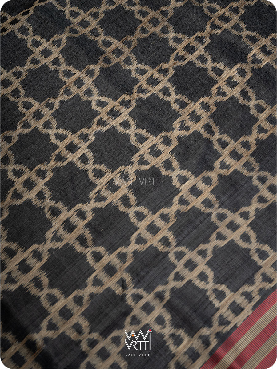 Black Mughal Jaal Ikat Handspun Tussar Silk Saree
