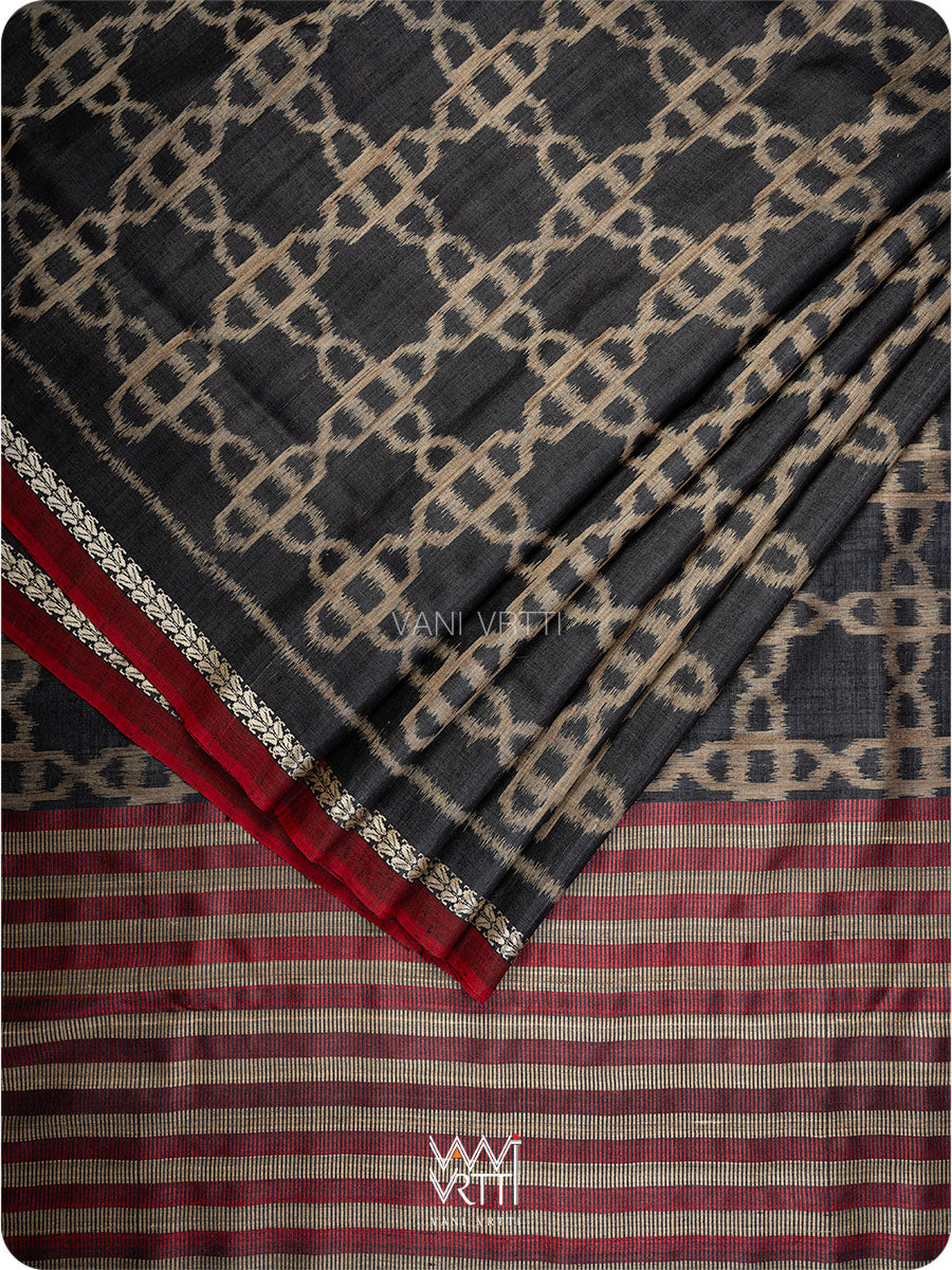 Black Mughal Jaal Ikat Handspun Tussar Silk Saree