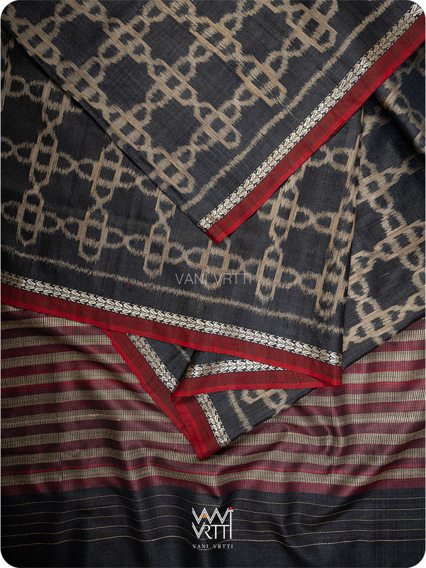 Black Mughal Jaal Ikat Handspun Tussar Silk Saree