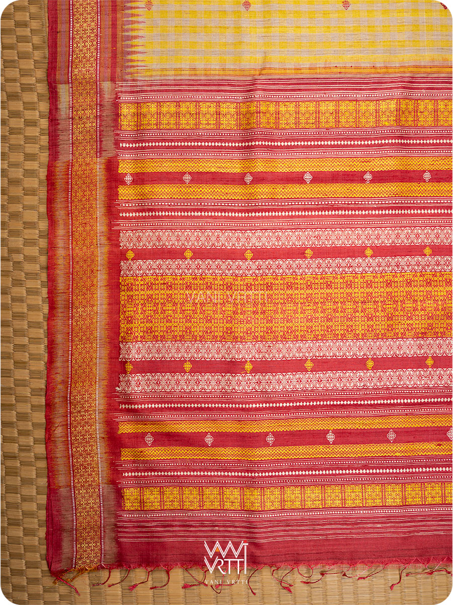 Off White Yellow Checks Kolam Red Exclusive Handspun Tussar Silk Saree