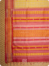 Off White Yellow Checks Kolam Red Exclusive Handspun Tussar Silk Saree