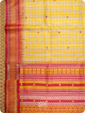 Off White Yellow Checks Kolam Red Exclusive Handspun Tussar Silk Saree