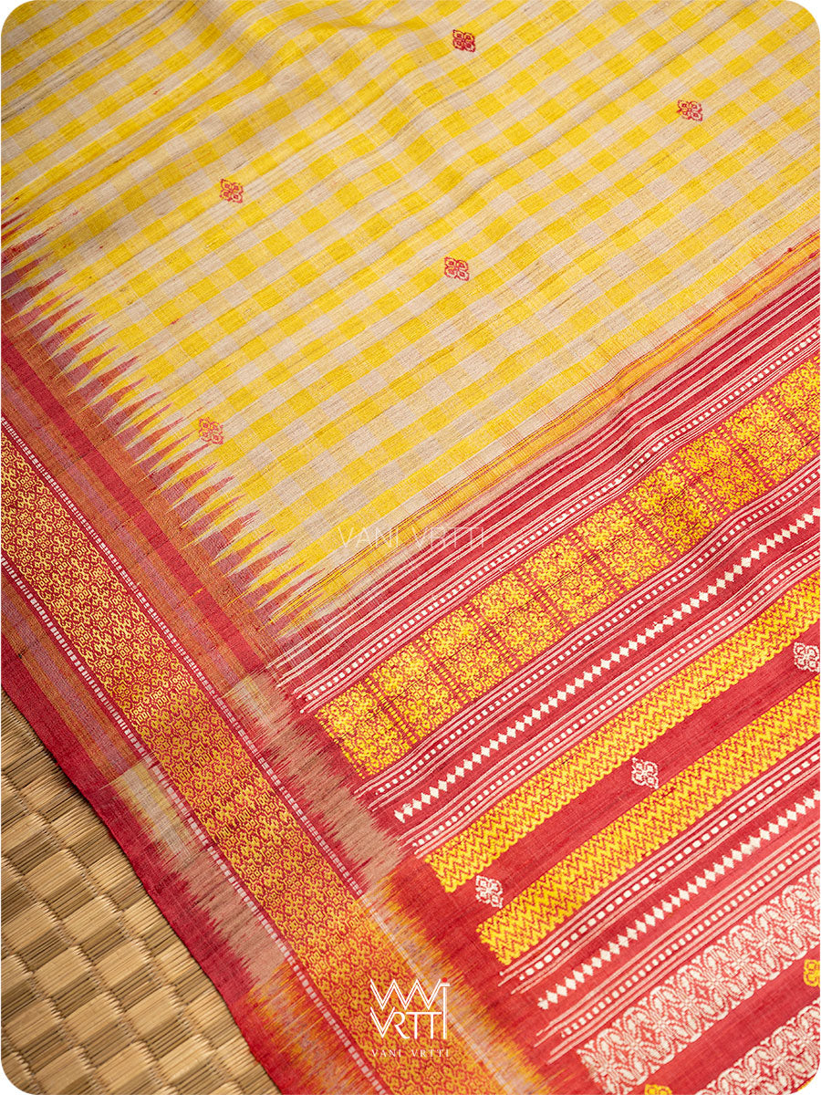 Off White Yellow Checks Kolam Red Exclusive Handspun Tussar Silk Saree