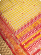 Off White Yellow Checks Kolam Red Exclusive Handspun Tussar Silk Saree