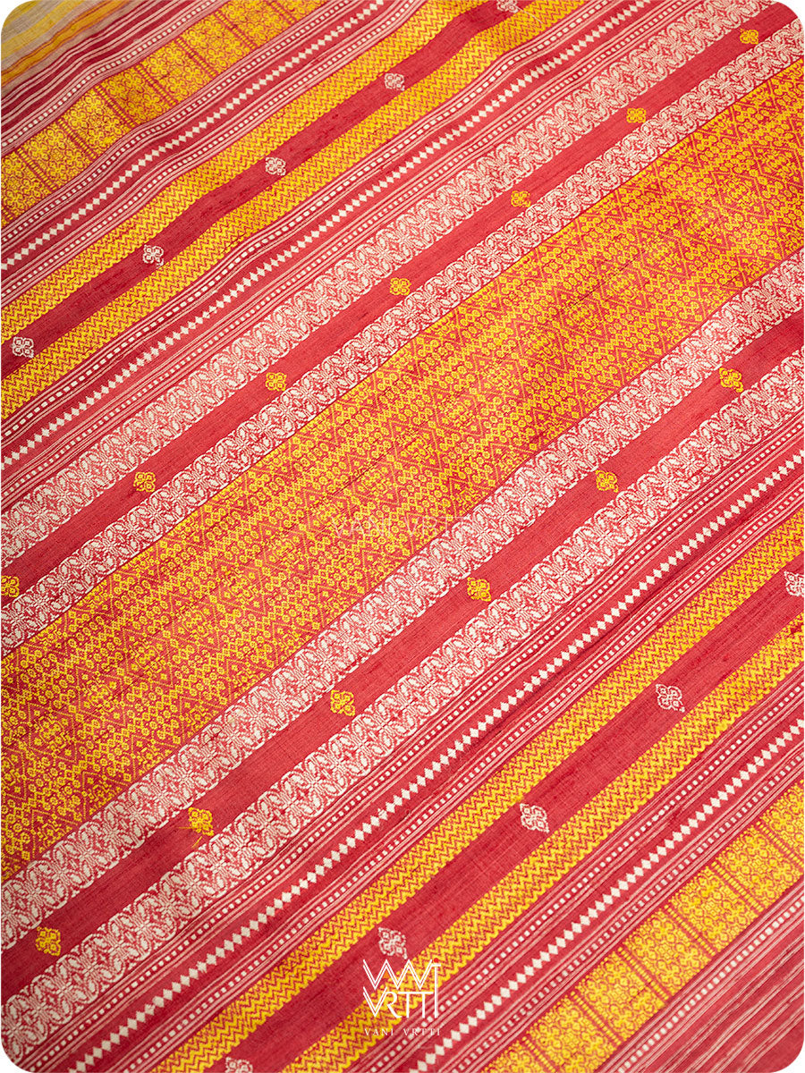 Off White Yellow Checks Kolam Red Exclusive Handspun Tussar Silk Saree