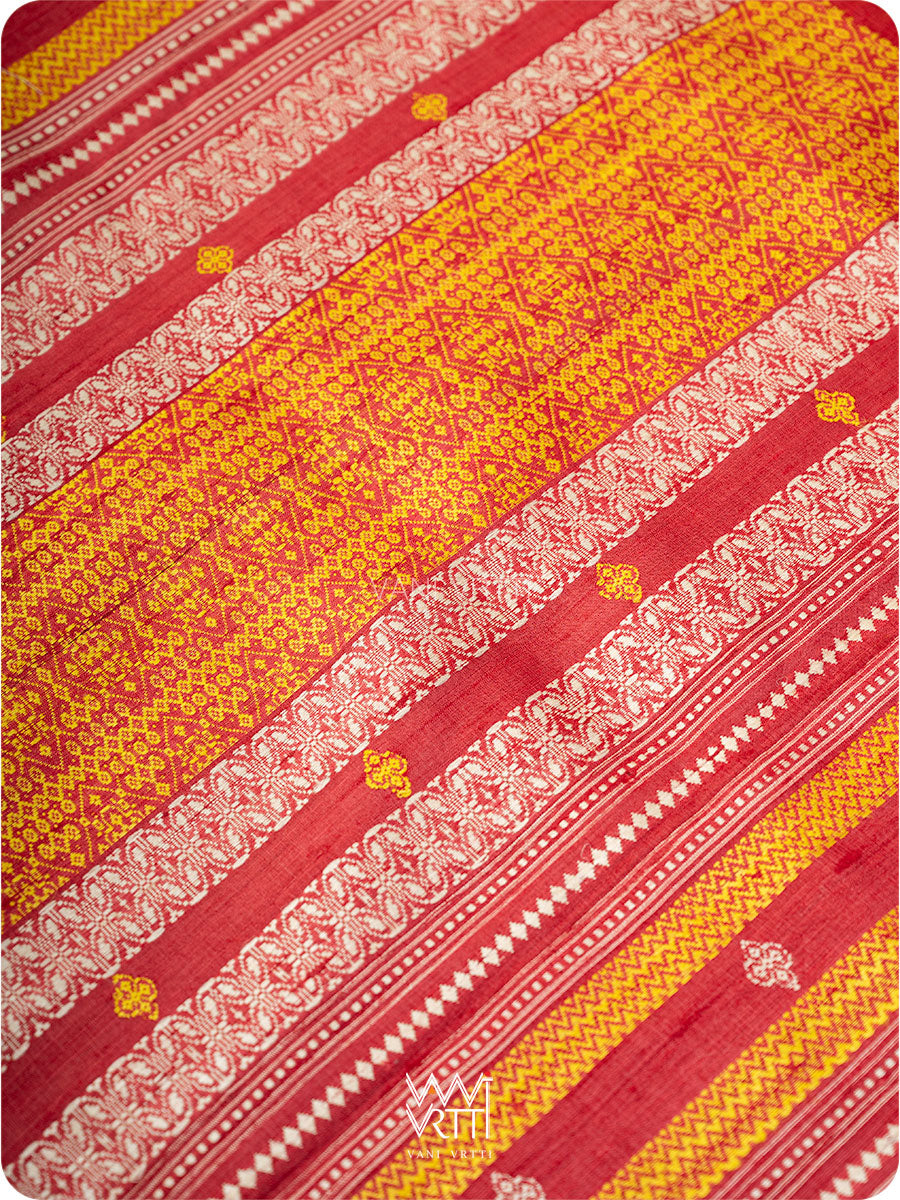 Off White Yellow Checks Kollam Red Exclusive Handspun Tussar Silk Saree
