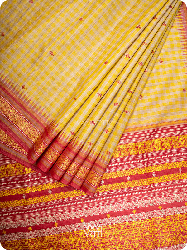Off White Yellow Checks Kolam Red Exclusive Handspun Tussar Silk Saree