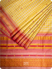 Off White Yellow Checks Kolam Red Exclusive Handspun Tussar Silk Saree
