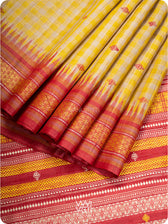 Off White Yellow Checks Kolam Red Exclusive Handspun Tussar Silk Saree