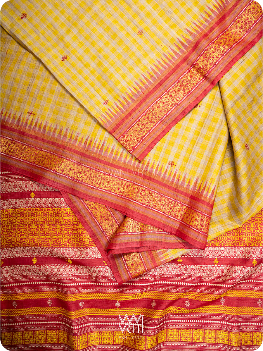 Off White Yellow Checks Kollam Red Exclusive Handspun Tussar Silk Saree