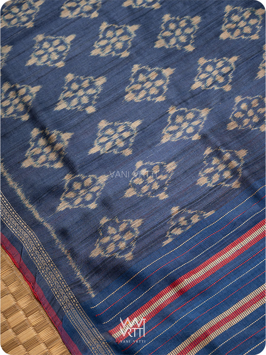 Ink Blue Nargis Ikat Handspun Tussar Silk Saree