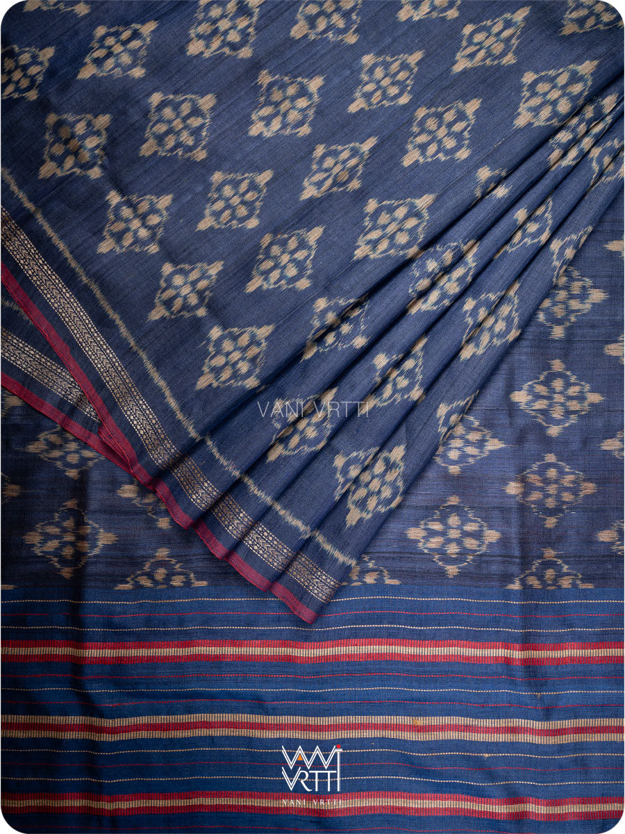 Ink Blue Nargis Ikat Handspun Tussar Silk Saree
